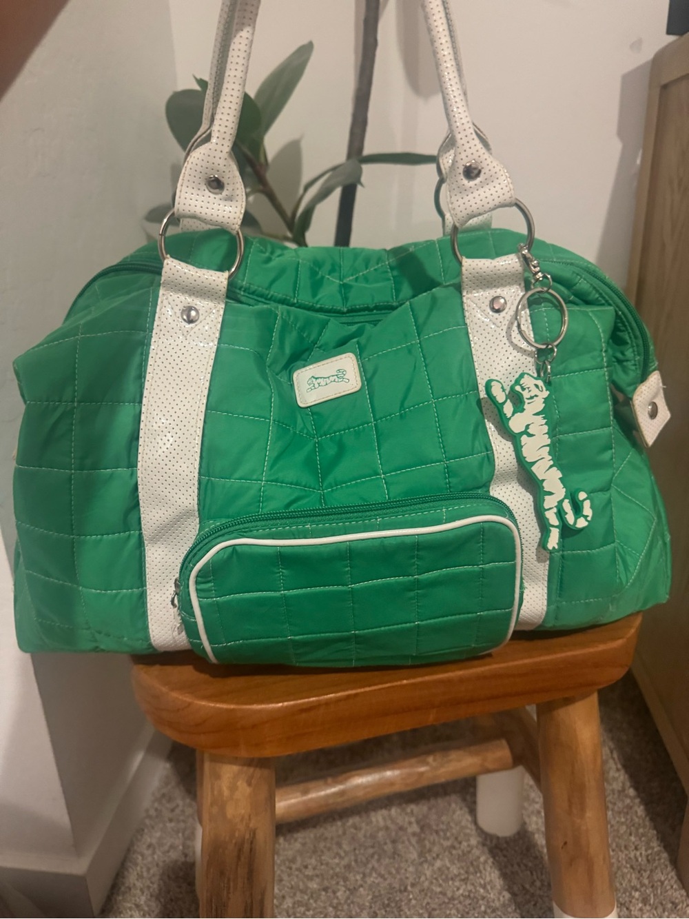 Le Tigre Quilted Green Tote with White Straps and Tiger Charm